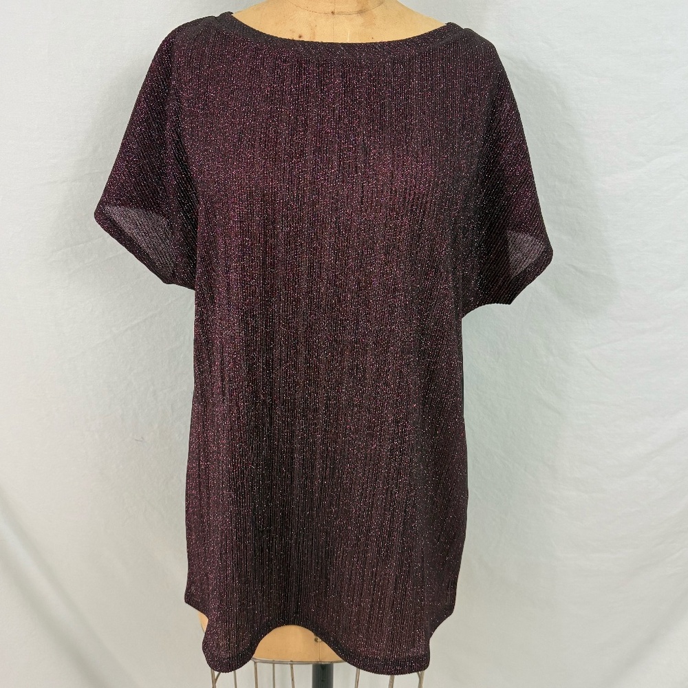 Loralette Black Capped Sleeve Blouse with Hot Pink Metallic Threads Size 1X  NWT